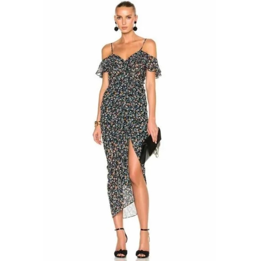VERONICA BEARD Marilyn SILK Cold Shoulder Ruffle Midi Dress Floral Black